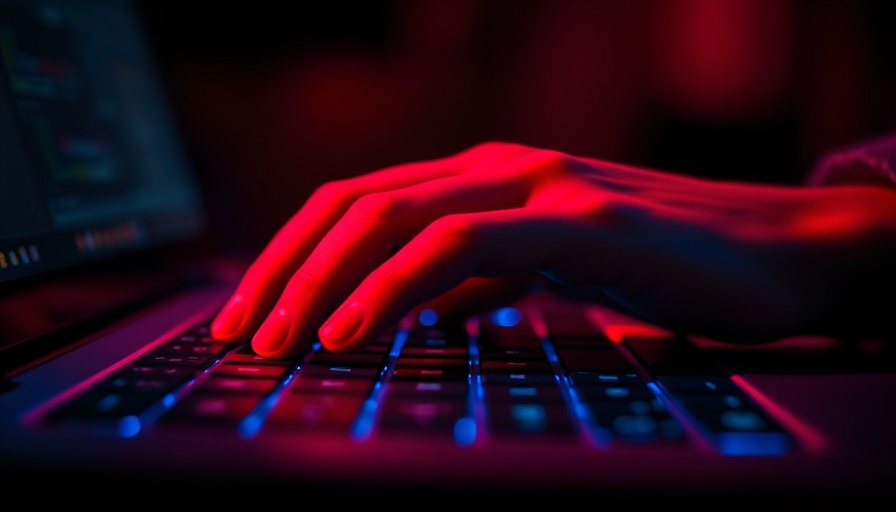 Hand typing on a laptop keyboard with red and blue lighting, representing online child protection.