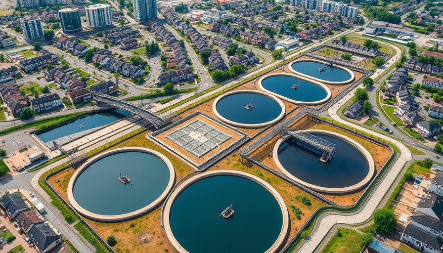 Aerial view of wastewater treatment plant in residential area, showing impact on Philippines economy.
