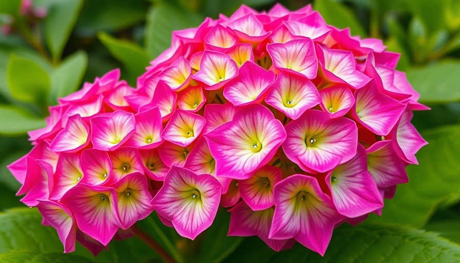 Colorful hydrangea blooming with lush foliage, garden therapy.