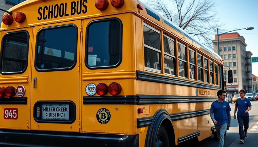 Miller Creek School District bus scene with people in blue shirts.