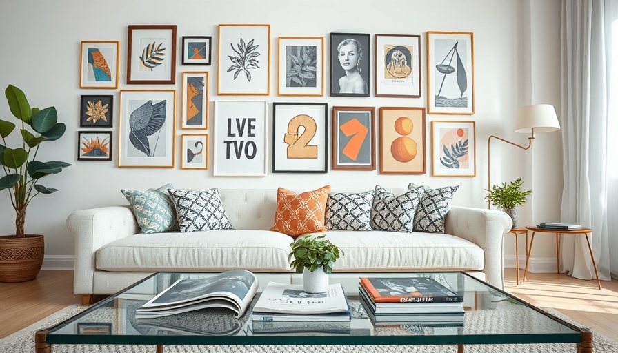 Stylish gallery wall in modern living room with comfortable sofa and art.