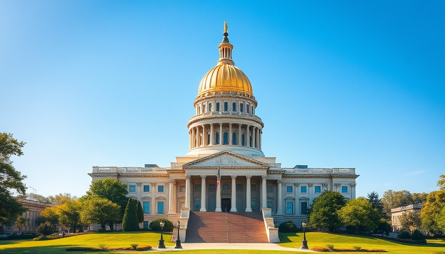 Beautiful state capitol building in lush green landscape.