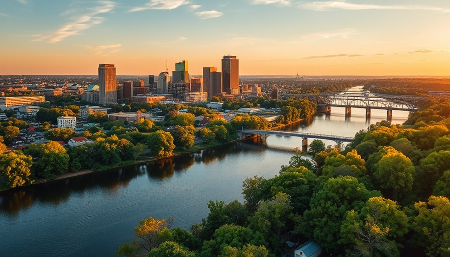 Richmond VA skyline during golden hour; vibrant cityscape.