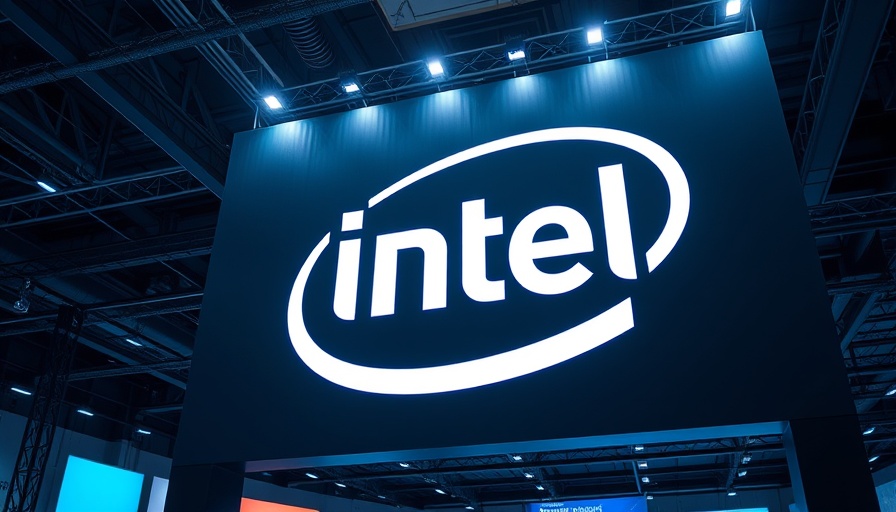 Large Intel logo display at a tech exhibition, highlighting leadership change.