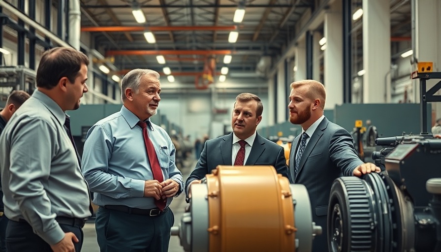 Men in formal suits discussing industrial equipment in a factory setting.
