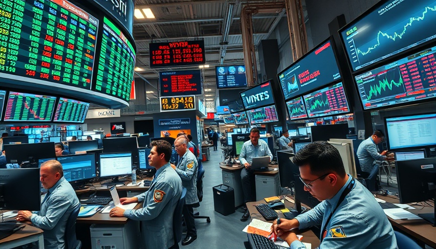 Busy financial office scene with traders working diligently, US deportations of Venezuelan migrants context.