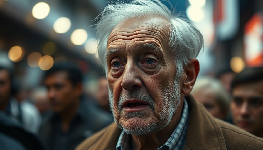 Elderly man speaking amidst blurred crowd and lights.