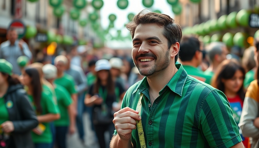 Man with measuring tape at World's Shortest St. Patrick's Day Parade, smiling.