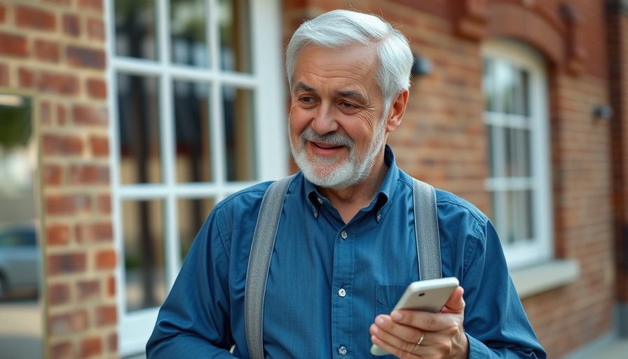 Mature man smiling outdoors holding phone.