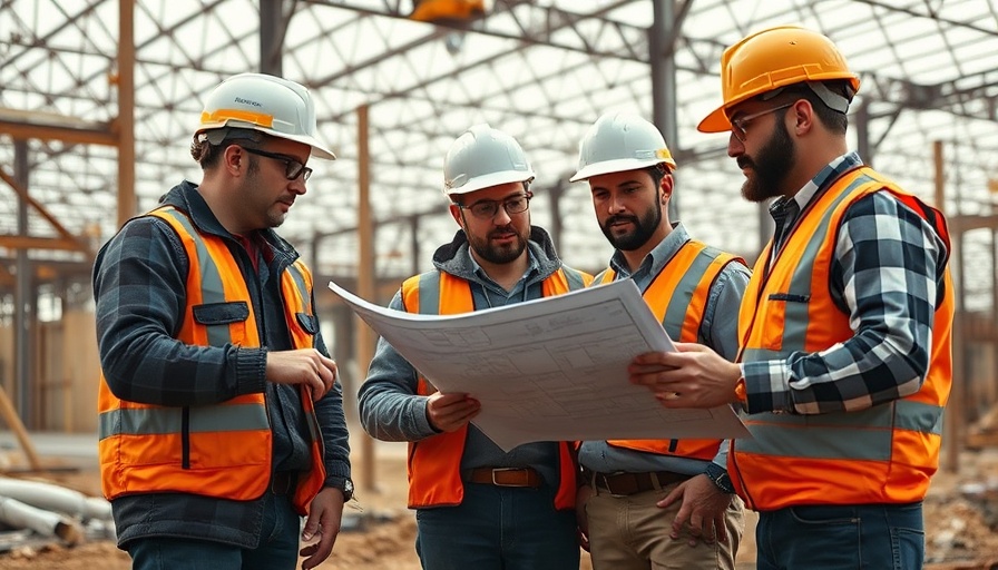 Construction workers discussing blueprints on site under vibrant sky.