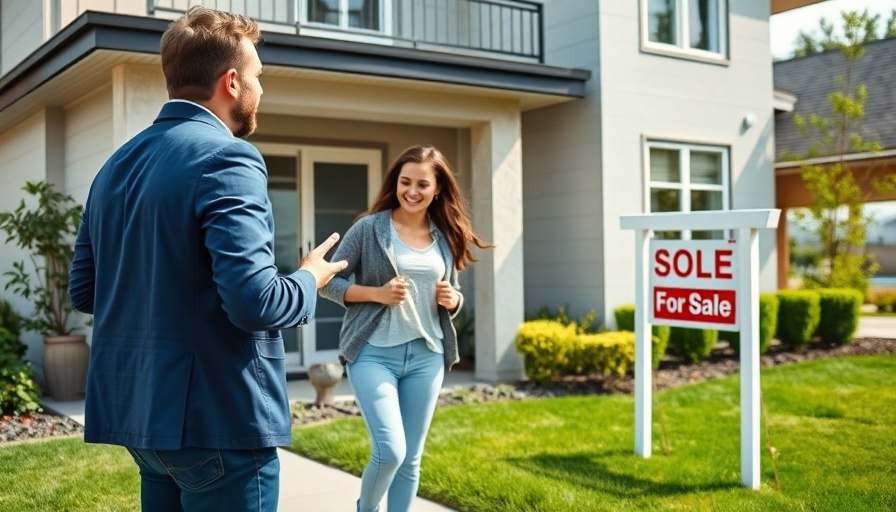 Friendly agent shows modern house for sale, encouraging to buy now