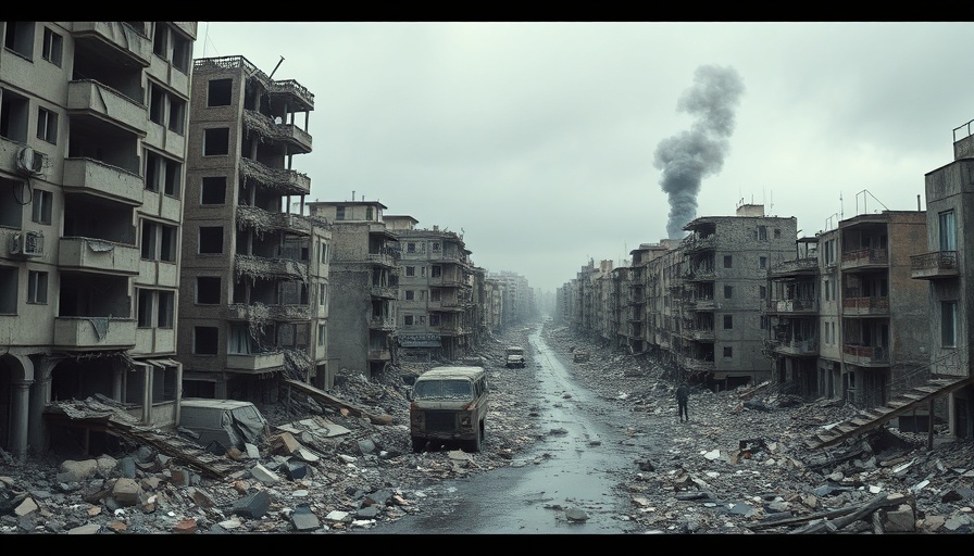 War-torn buildings in Gaza after Israel strikes, debris visible.