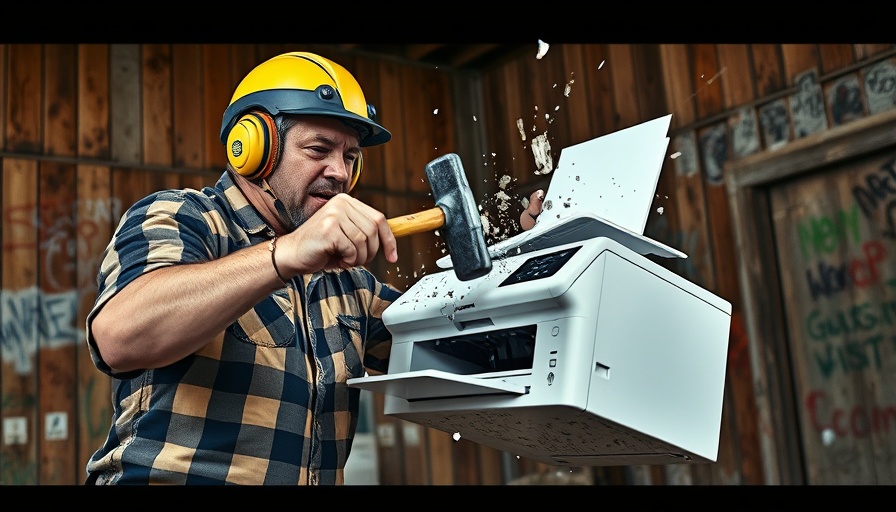 Frustrated person destroying printer, questioning repetitive purchases.