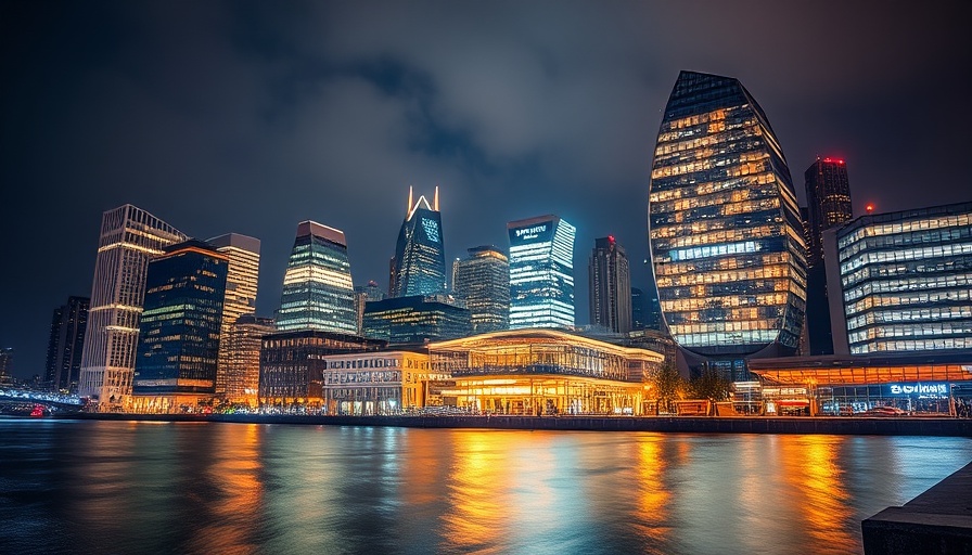 Night view of illuminated Canary Wharf skyline reflecting on river, showcasing sustainability.