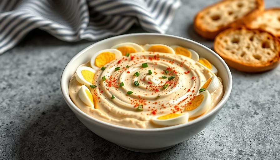 Creamy deviled egg dip recipe garnished with eggs and spices, served with bread.