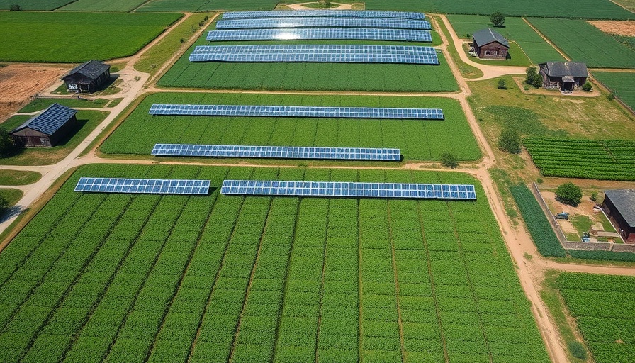 Aerial view of solar panels in a farming area highlighting unchecked herbicide use.
