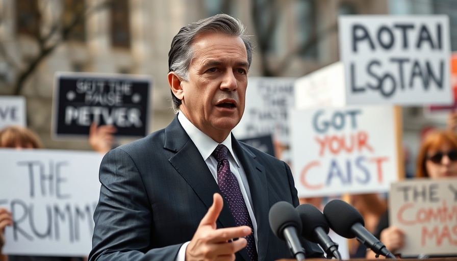 Distinguished man speaking at protest with signs in background, FOIA DOGE request.
