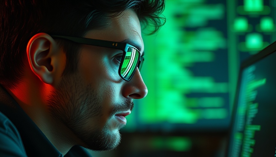 Man immersed in coding, reflecting code on glasses, vibe coding solutions.