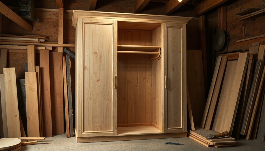 Unfinished custom closet cabinet in workshop setting.