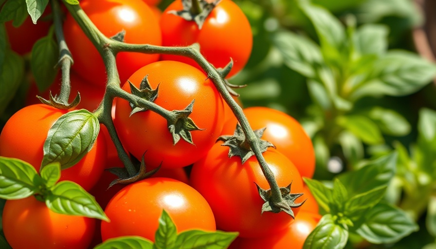 Orange tomatoes and basil leaves in sunlit garden, best tomato companion plants.