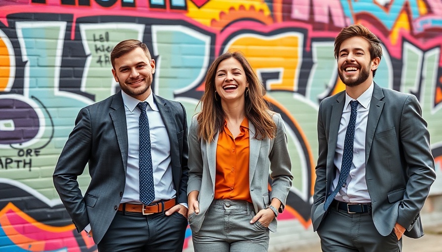 Casual professionals laughing in front of graffiti wall, AI agents funding.