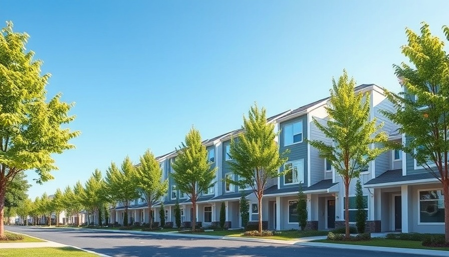 Modern townhouses with lush greenery under clear blue sky