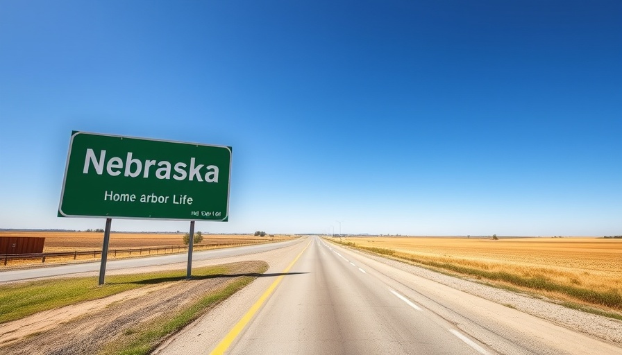 Nebraska state sign with Arbor Day mention under blue sky.