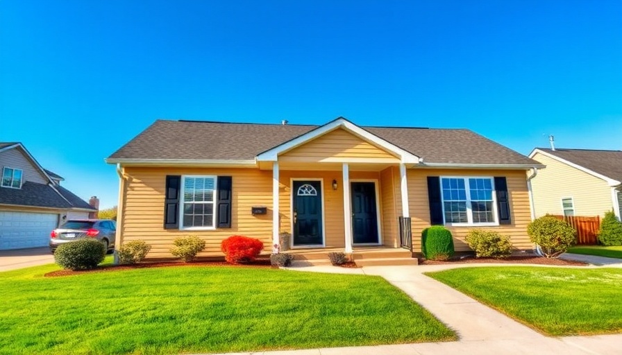 House with tan siding and black shutters under blue sky.