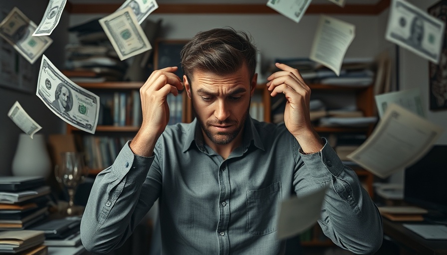 Stressed man with bills symbolizing psychology of debt, financial anxiety.
