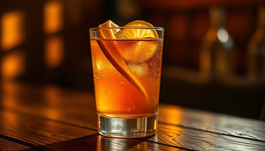 Elegant cocktail with amber hue and lemon garnish on wooden table.