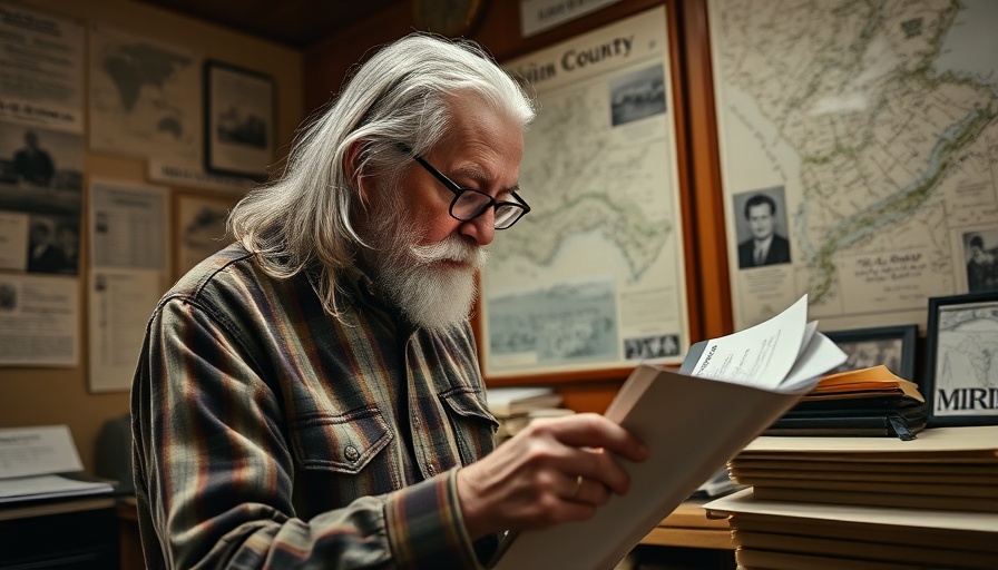 Marin County historian immersed in stories, surrounded by maps and photos.