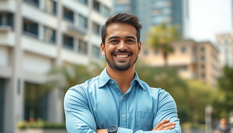 Professional confident man smiling outdoors in an urban setting.
