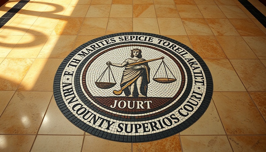 Mosaic emblem of Marin County Superior Court floor, symbolizing justice.