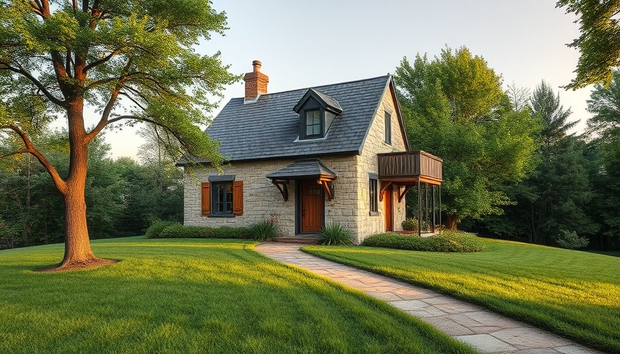 Stone house with low maintenance landscaping ideas, lush greenery.