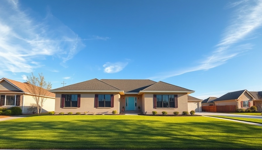 Modern single-story house with well-kept lawn under blue sky.