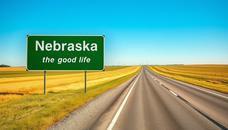 Nebraska state welcome sign on rural road.