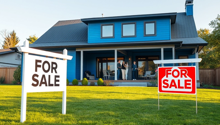 Spacious home for sale with sign and people on porch.