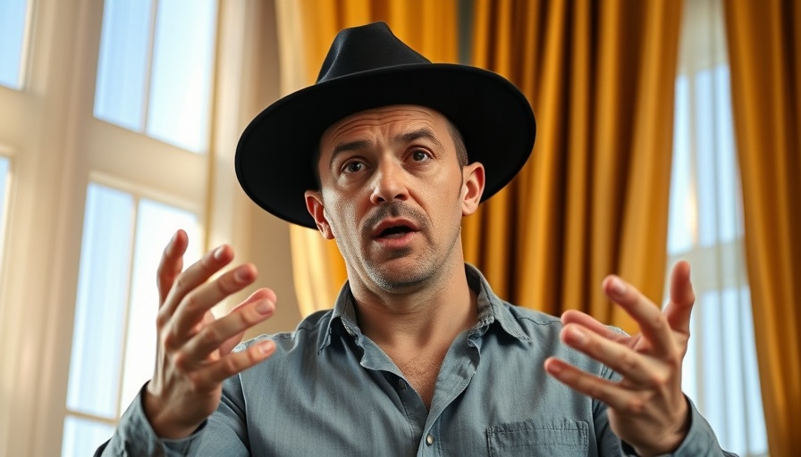 Man in black hat speaking indoors against a gold curtain backdrop.