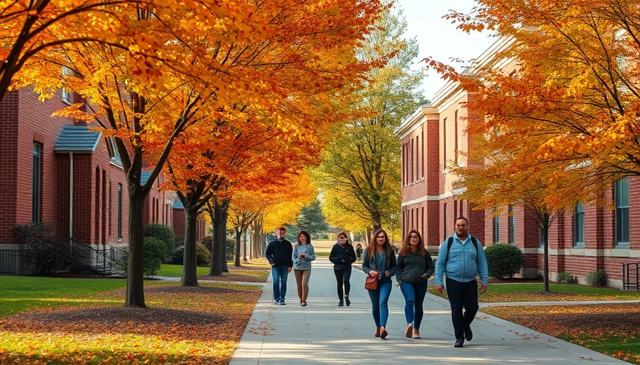 University campus in autumn with students walking under colorful leaves