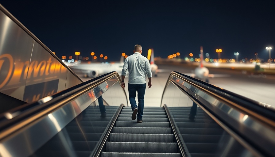 Airport staircase scene with male figure and bokeh lights.