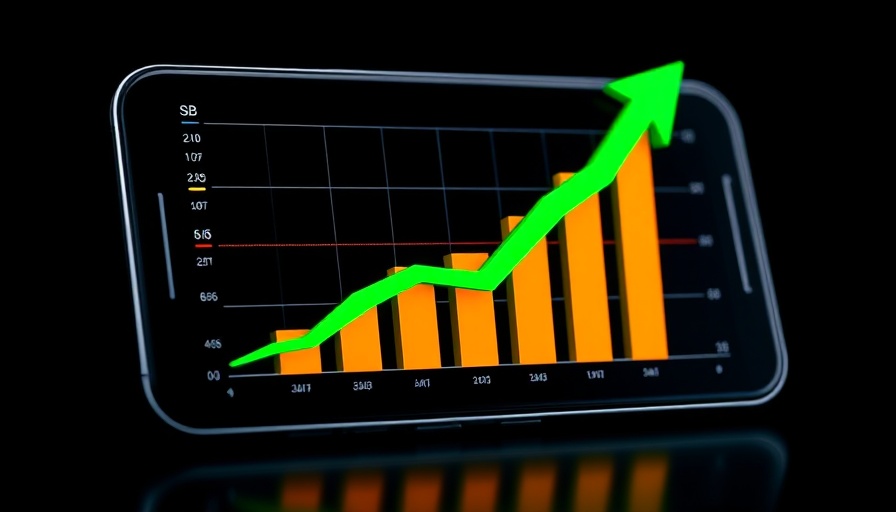 Digital graph with bar chart on smartphone, financial data growth.