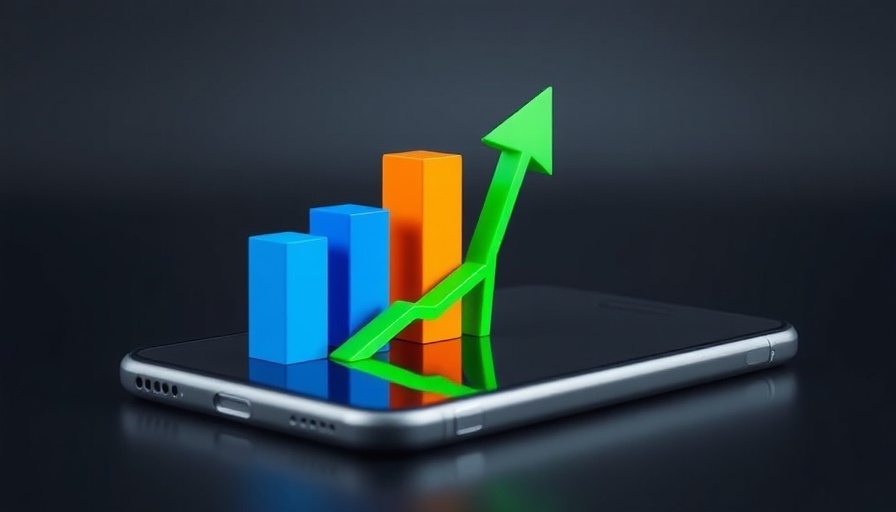 Colorful 3D bar graph on smartphone screen, symbolizing stock trends.