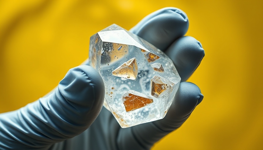 Gloved hand holding mineral in critical minerals processing setup.