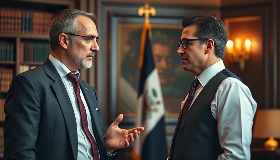 Men discussing policy indoors with bookshelves and flag