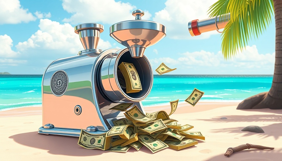 Surreal money grinder illustration on a beach, Mar-a-Lago Accord concept.