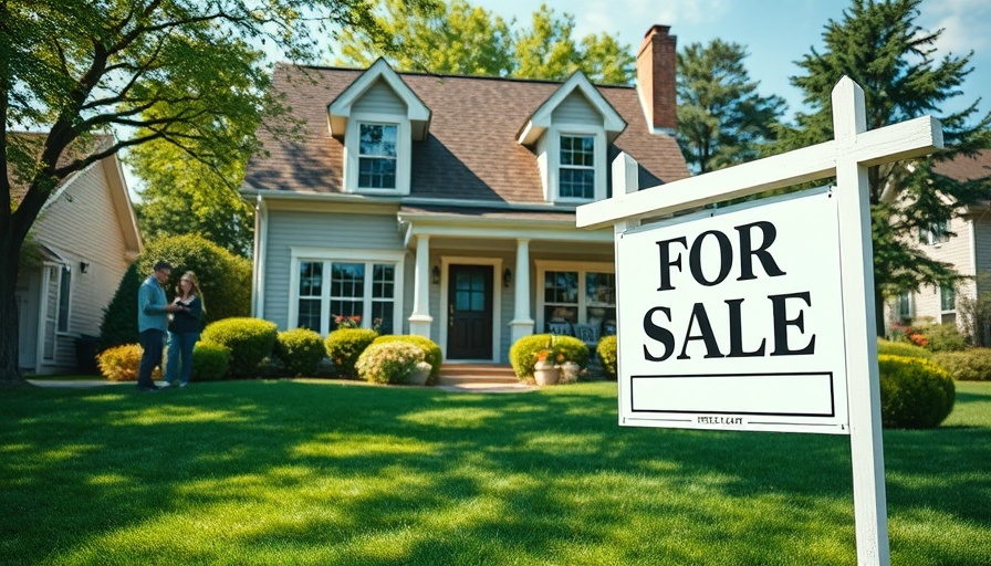 Suburban house for sale with people discussing.