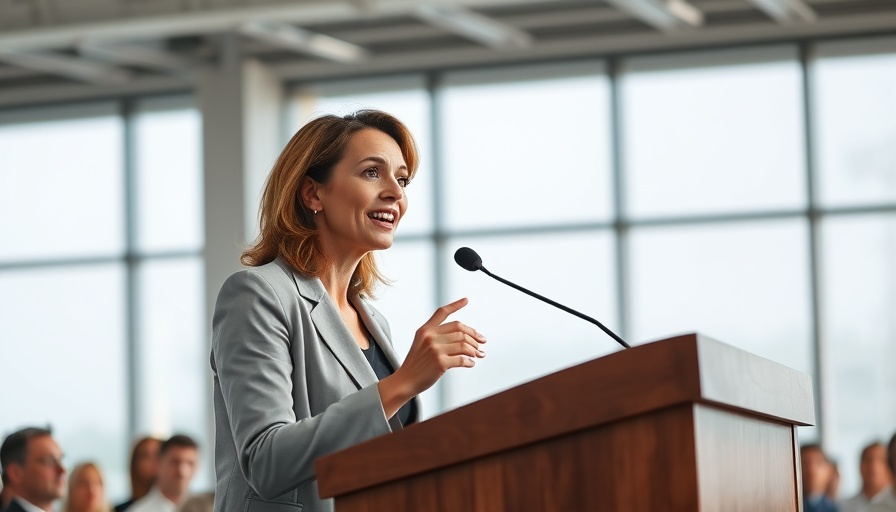 Woman speaking at podium in modern conference, discussing clean energy supply chain.