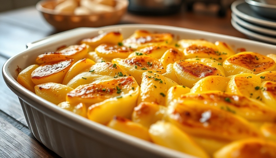 Golden scalloped potatoes recipe in a white dish.