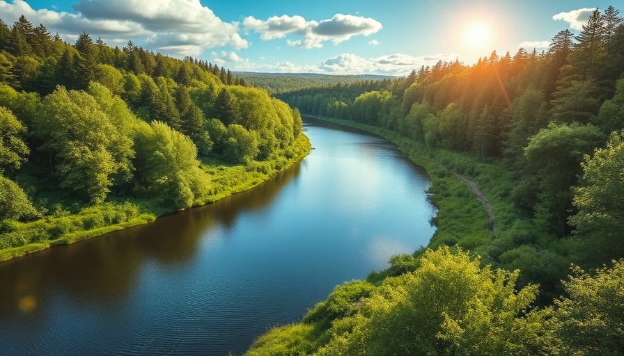 Sustainable finance in Asia concept with lush river landscape and eco icons.