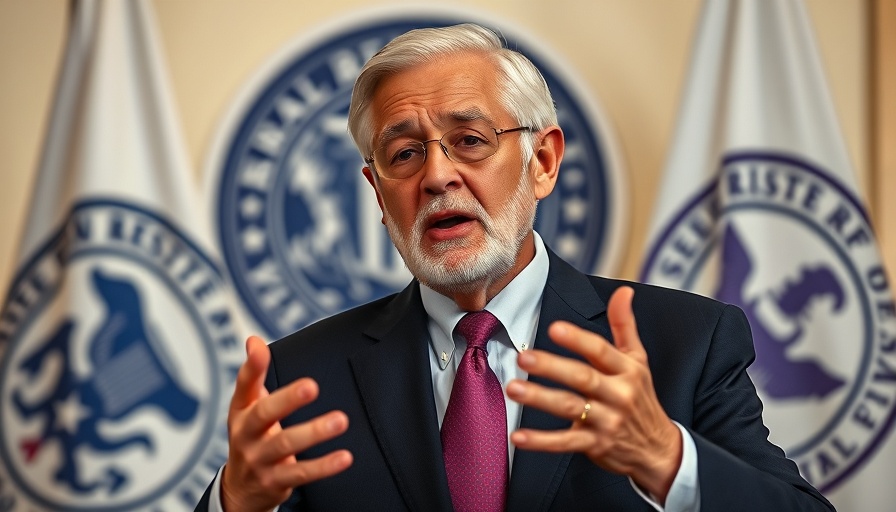 Elderly man delivering speech with Federal Reserve flags background.